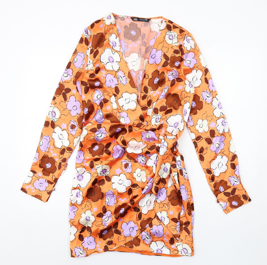 Zara Womens Orange Floral Polyester Bodycon Size S V-Neck Tie
