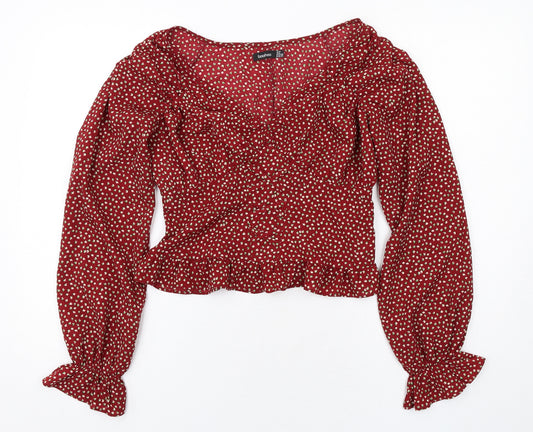 Boohoo Womens Red Geometric Polyester Basic Blouse Size 10 V-Neck