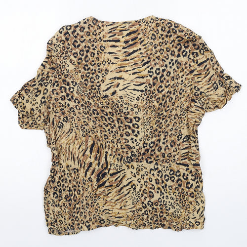 Warehouse Womens Beige Animal Print Viscose Basic Button-Up Size 14 Round Neck - Leopard Print