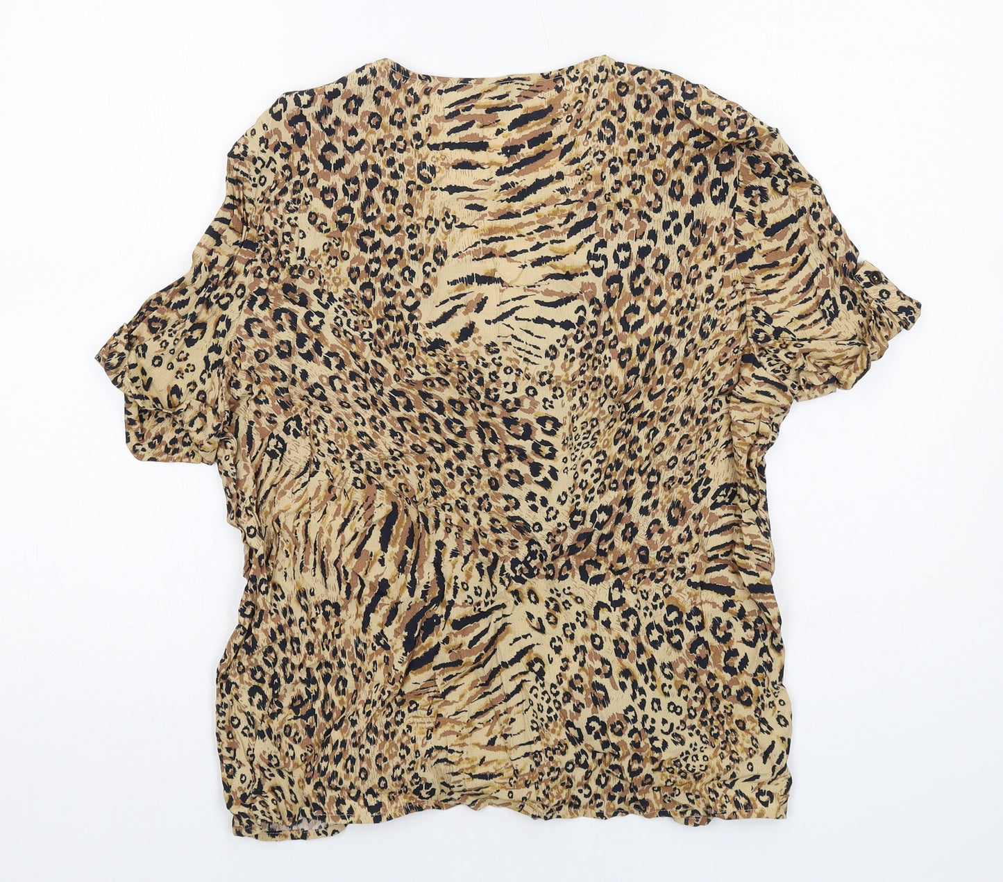 Warehouse Womens Beige Animal Print Viscose Basic Button-Up Size 14 Round Neck - Leopard Print