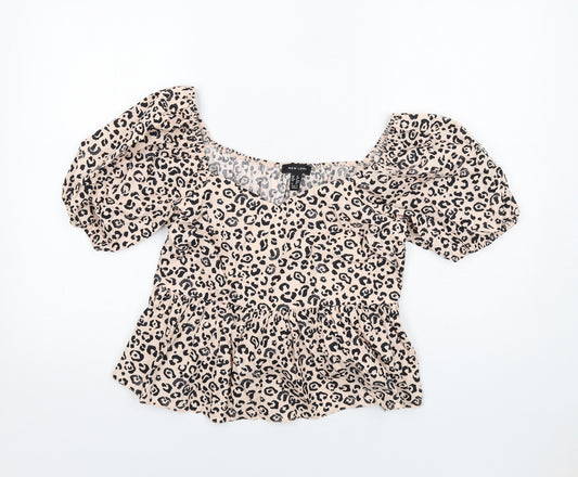 New Look Womens Pink Animal Print Cotton Cropped Blouse Size 12 Off the Shoulder - Leopard Print