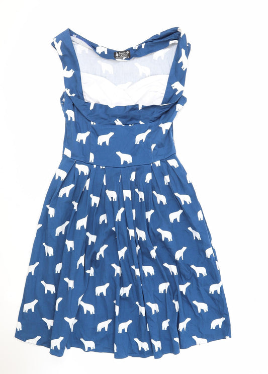 Lady Vintage Womens Blue Geometric Cotton Fit & Flare Size 12 Sweetheart Zip - Polar bear pattern