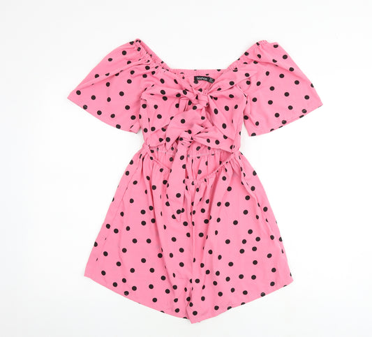 Boohoo Womens Pink Polka Dot Polyester Playsuit One-Piece Size 10 Tie - Cut Out