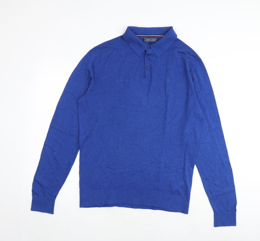 Tommy Hilfiger Mens Blue Collared Cotton Pullover Jumper Size L Long Sleeve