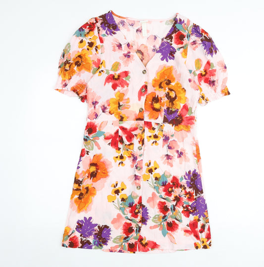 H&M Womens Multicoloured Floral Viscose Shirt Dress Size 12 V-Neck Button