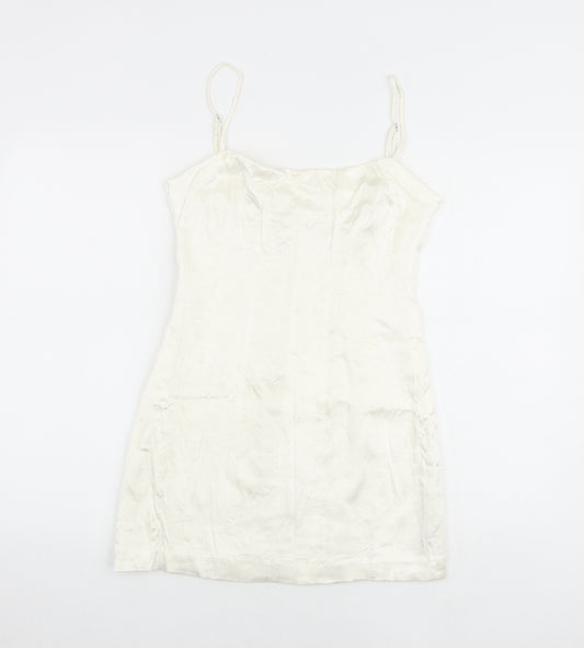 Zara Womens Ivory Polyester Slip Dress Size M Round Neck Zip