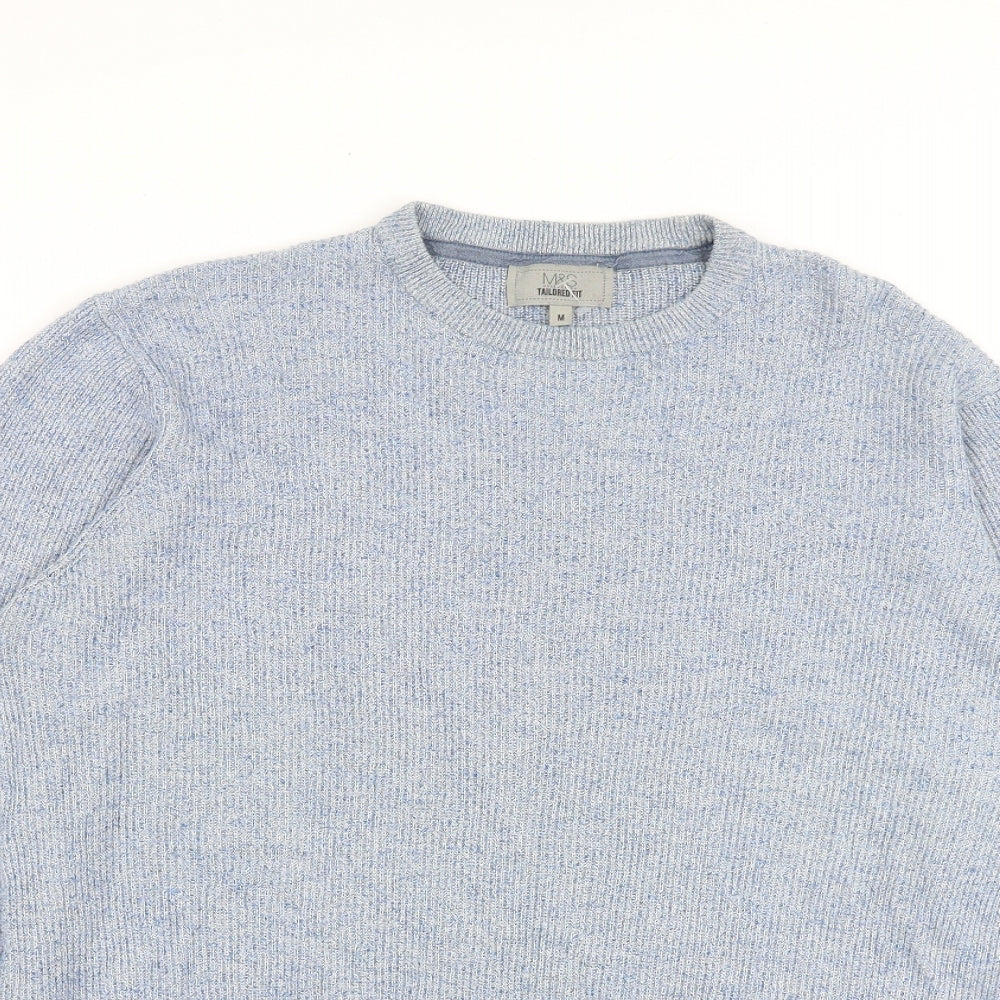 Marks and Spencer Mens Blue Round Neck Cotton Pullover Jumper Size M Long Sleeve