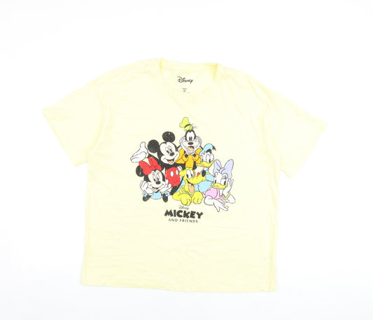 Disney Womens Yellow 100% Cotton Basic T-Shirt Size 16 Round Neck - Mickey Mouse And Friends
