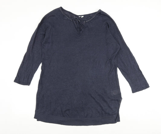 White Stuff Womens Blue Boat Neck 100% Cotton Pullover Jumper Size 16 - Embellished Neckline