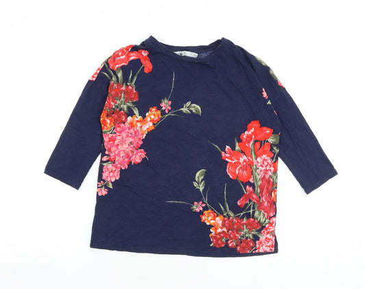 Oasis Womens Blue Floral 100% Cotton Basic T-Shirt Size XS Crew Neck