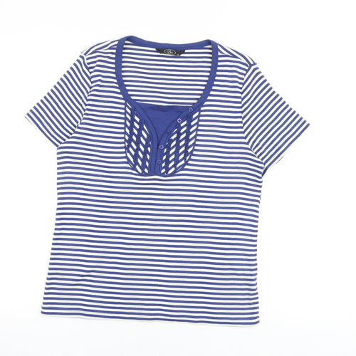 Bonmarché Womens Blue Striped 100% Cotton Basic T-Shirt Size M Scoop Neck