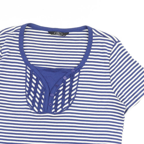 Bonmarché Womens Blue Striped 100% Cotton Basic T-Shirt Size M Scoop Neck