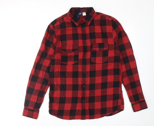 H&M Mens Red Check Cotton Button-Up Size M Collared Button