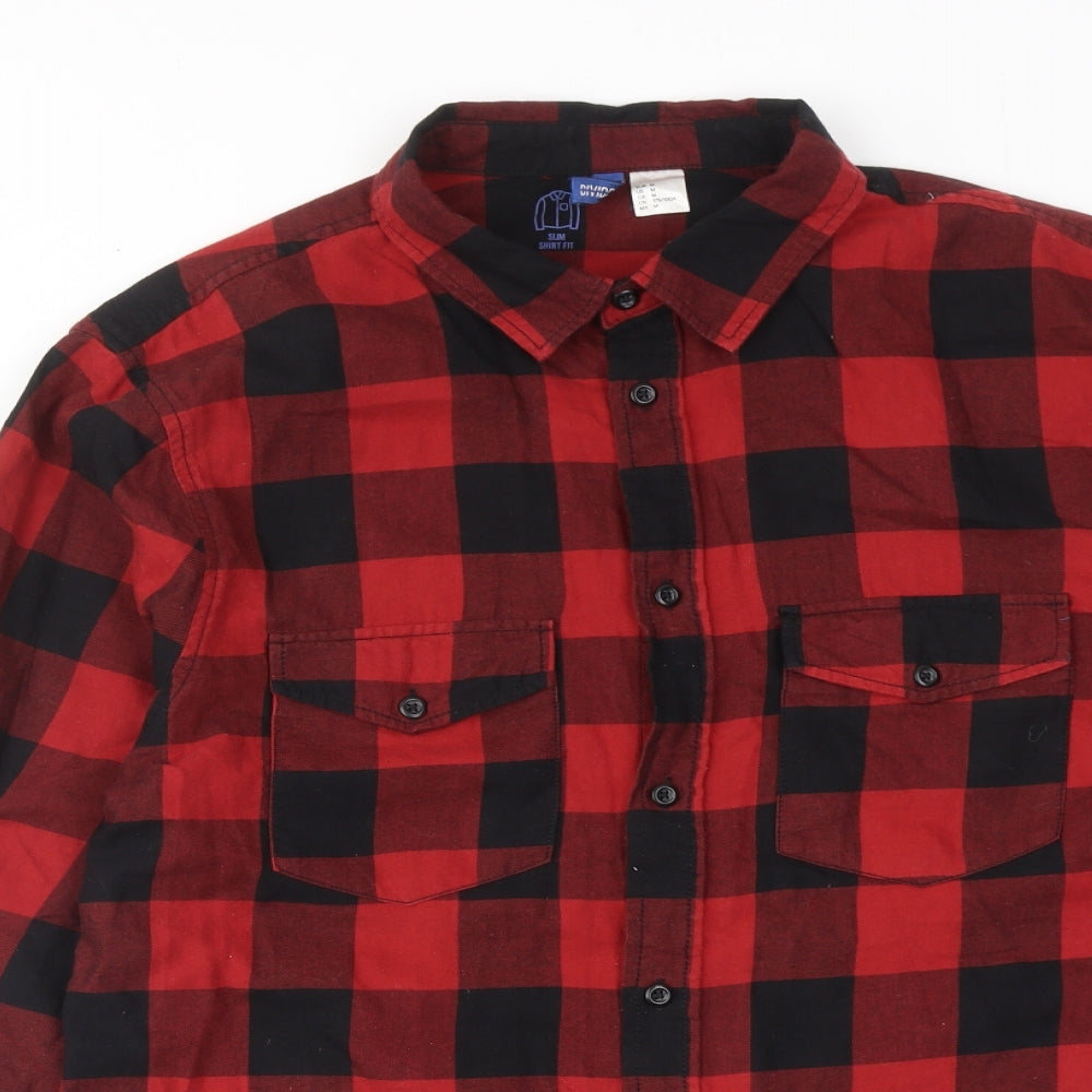 H&M Mens Red Check Cotton Button-Up Size M Collared Button