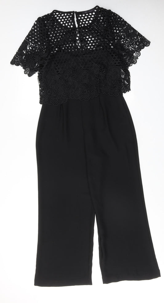 Marks and Spencer Womens Black Polyester Jumpsuit One-Piece Size 12 Hook & Eye - Crochet Overlay