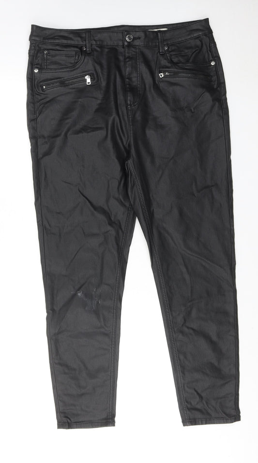 Marks and Spencer Womens Black Viscose Trousers Size 20 Regular Zip - Coated
