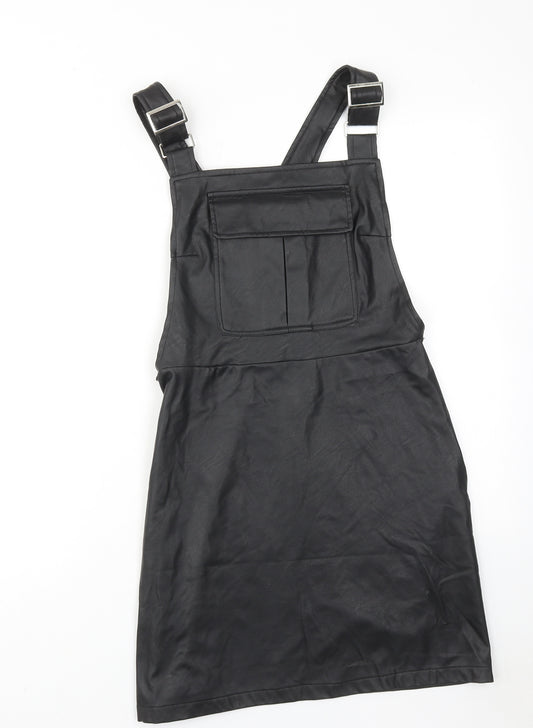 PRETTYLITTLETHING Womens Black Polyester Pinafore/Dungaree Dress Size 10 Square Neck Zip - Pinafore