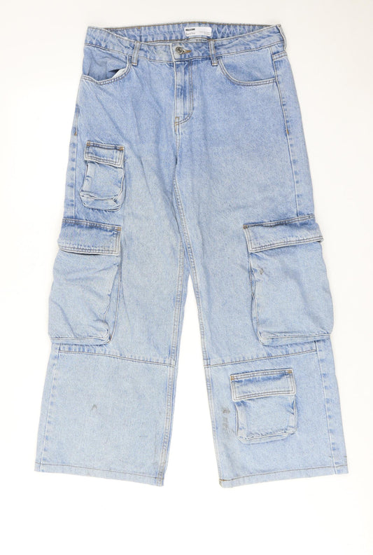 Bershka Womens Blue Cotton Wide-Leg Jeans Size 8 Regular Zip - Cargo