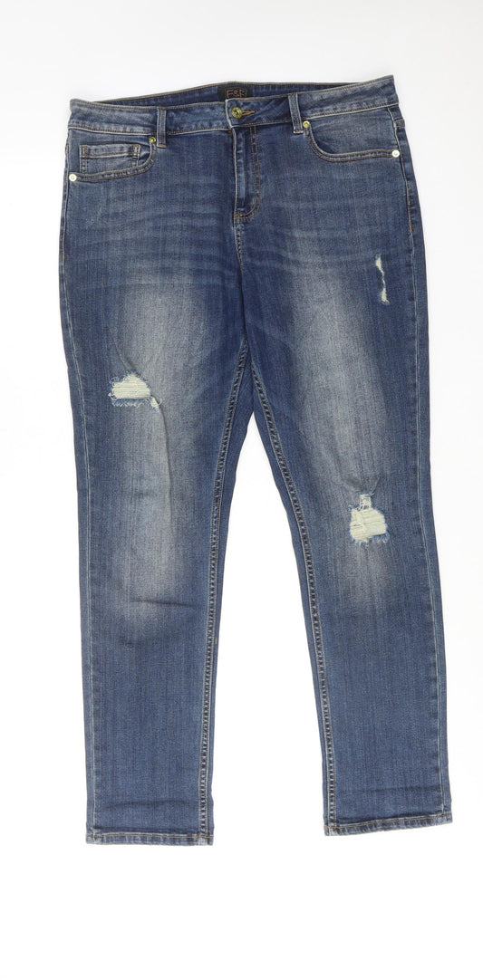 F&F Womens Blue Cotton Straight Jeans Size 14 Regular Zip