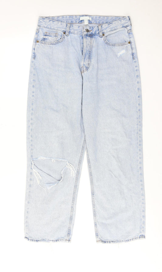 H&M Womens Blue Cotton Wide-Leg Jeans Size 14 Regular Zip