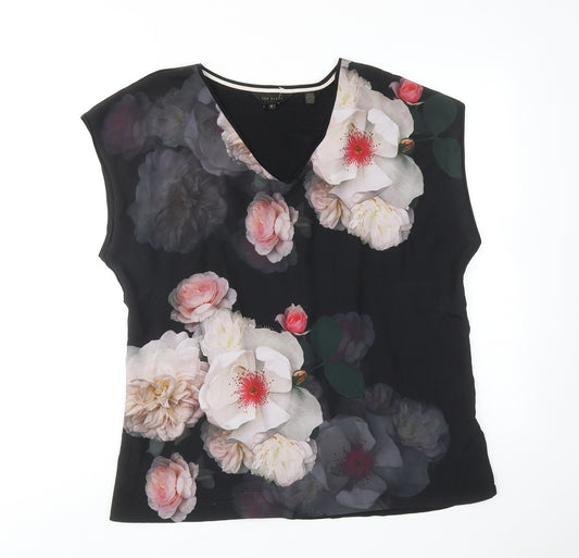Ted Baker Womens Black Floral Polyester Basic Blouse Size L V-Neck - Ted Baker Size 6