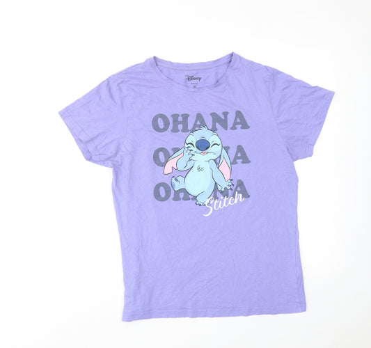 Disney Womens Purple Cotton Basic T-Shirt Size 12 Round Neck - Stitch Ohana