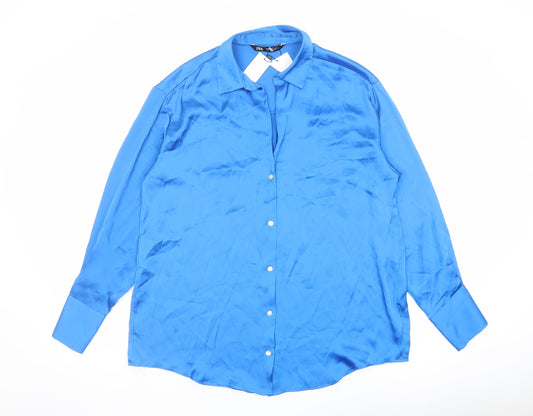 Zara Womens Blue Polyester Basic Button-Up Size M Collared