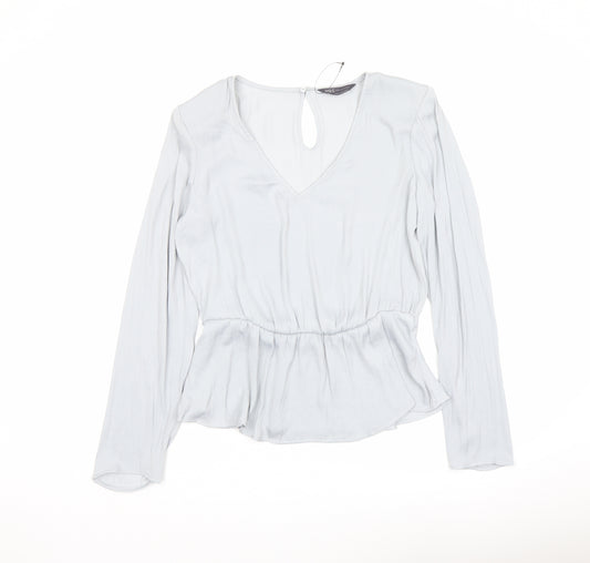 Marks and Spencer Womens Grey Polyester Basic Blouse Size 8 V-Neck