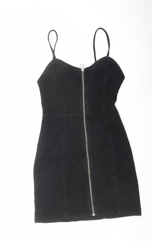 Denim & Co. Womens Black Cotton Pinafore/Dungaree Dress Size 8 V-Neck Zip