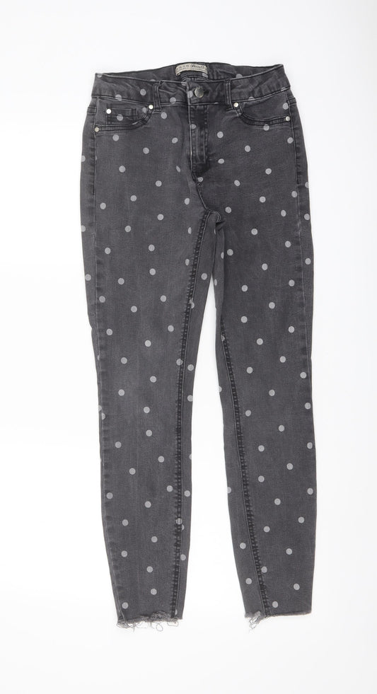Denim & Co. Womens Grey Polka Dot Cotton Skinny Jeans Size 8 L27 in Regular Button - Frayed Hem