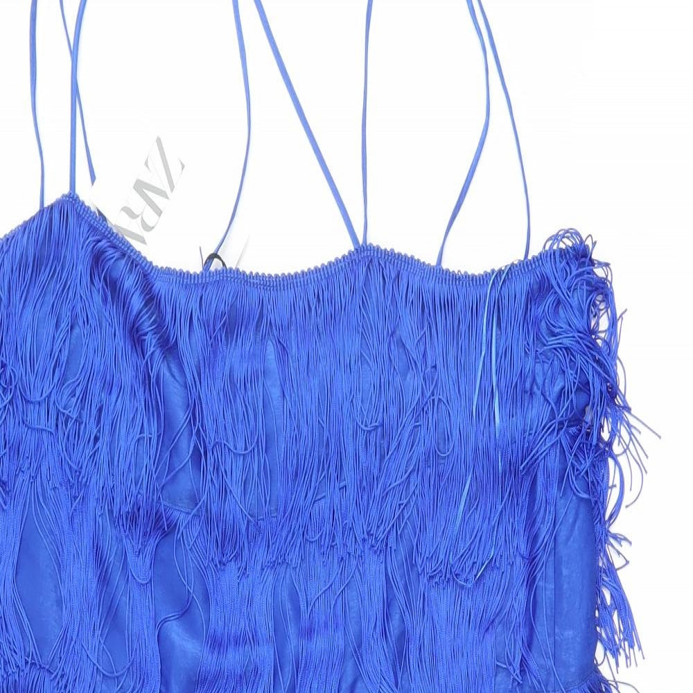 Zara Womens Blue Polyester Basic Tank Size XL Square Neck - Tasseled