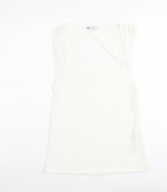 Zara Womens Ivory Polyester Basic T-Shirt Size L Scoop Neck