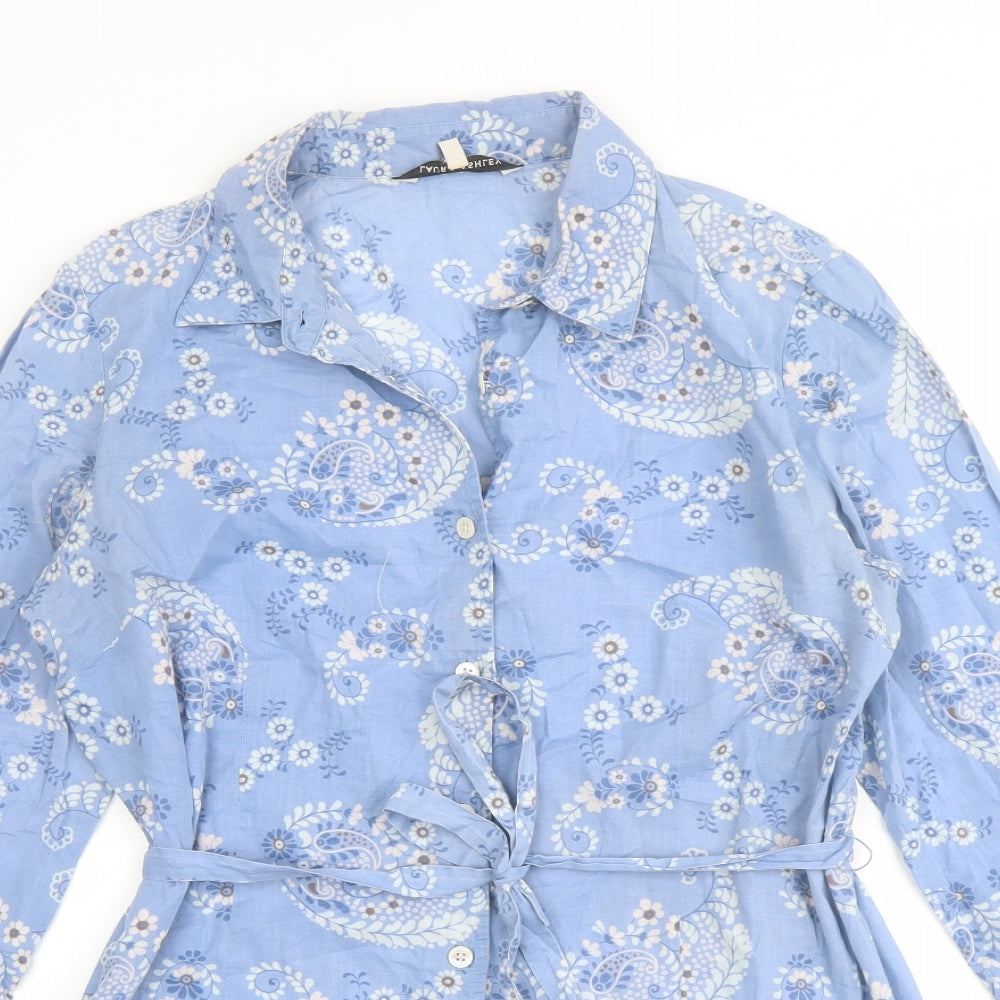 Laura Ashley Womens Blue Floral Cotton Basic Button-Up Size 14 Collared