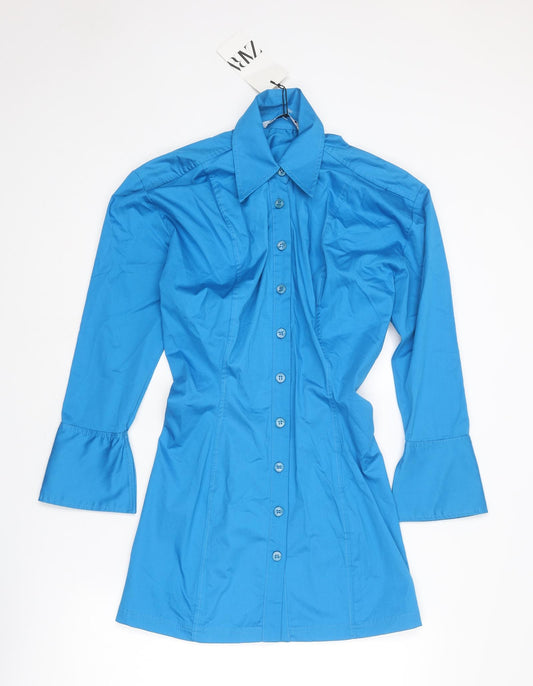 Zara Womens Blue Cotton Shirt Dress Size S Collared Button