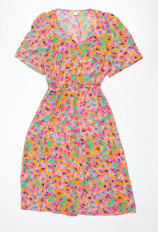 Monki Womens Multicoloured Floral Viscose Shirt Dress Size S V-Neck Button
