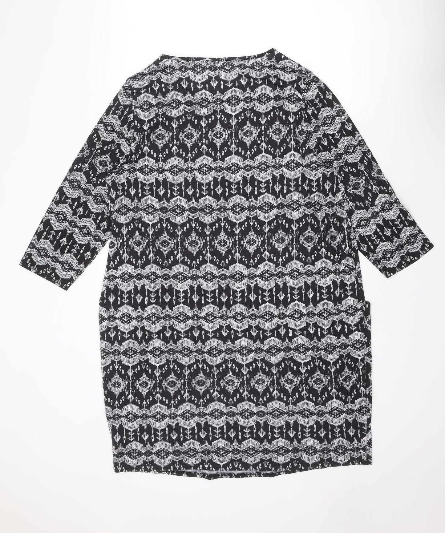 Roman Womens Black Geometric Polyester T-Shirt Dress Size 18 Round Neck Pullover