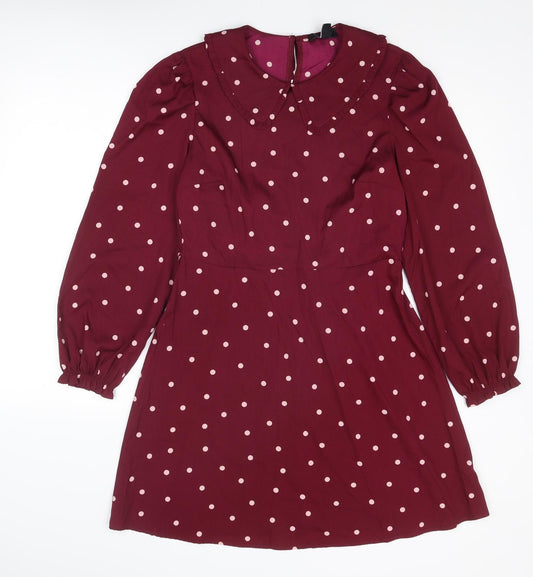 New Look Womens Red Polka Dot Polyester A-Line Size 12 Collared Button