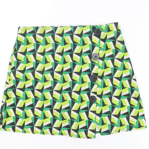 Boohoo Womens Green Geometric Polyester A-Line Skirt Size 10 Zip