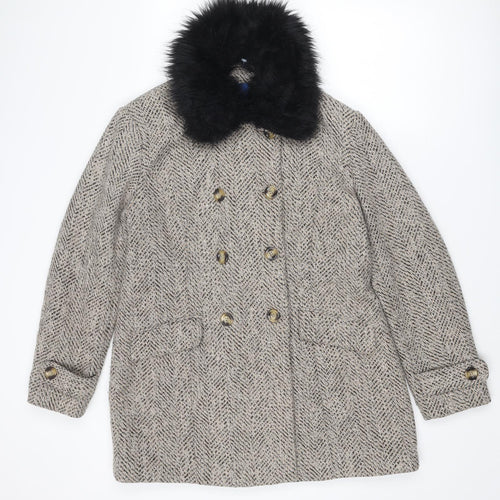 Cotton Traders Womens Beige Geometric Pea Coat Coat Size 16 Button - Faux Fur Collar
