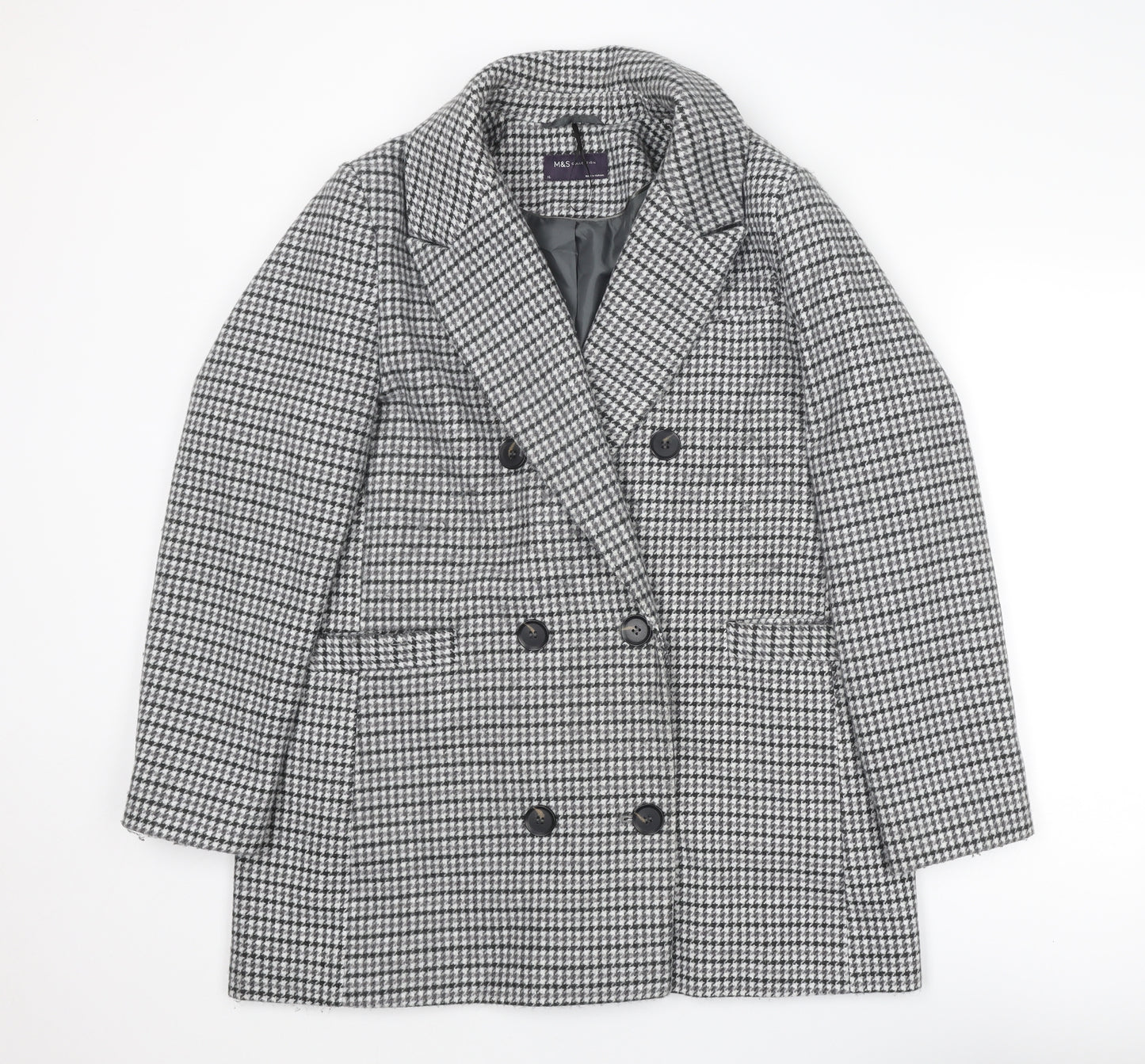Marks and Spencer Womens Grey Geometric Pea Coat Coat Size 16 Buckle