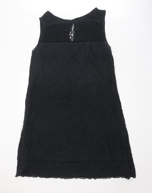 NEXT Womens Black Linen Shift Size 14 Boat Neck Button - Crocheted Lace Detail