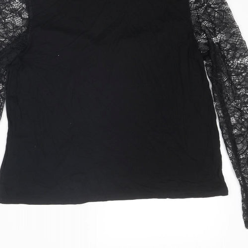 New Look Womens Black Viscose Basic Blouse Size 10 Mock Neck - Lace Sleeves