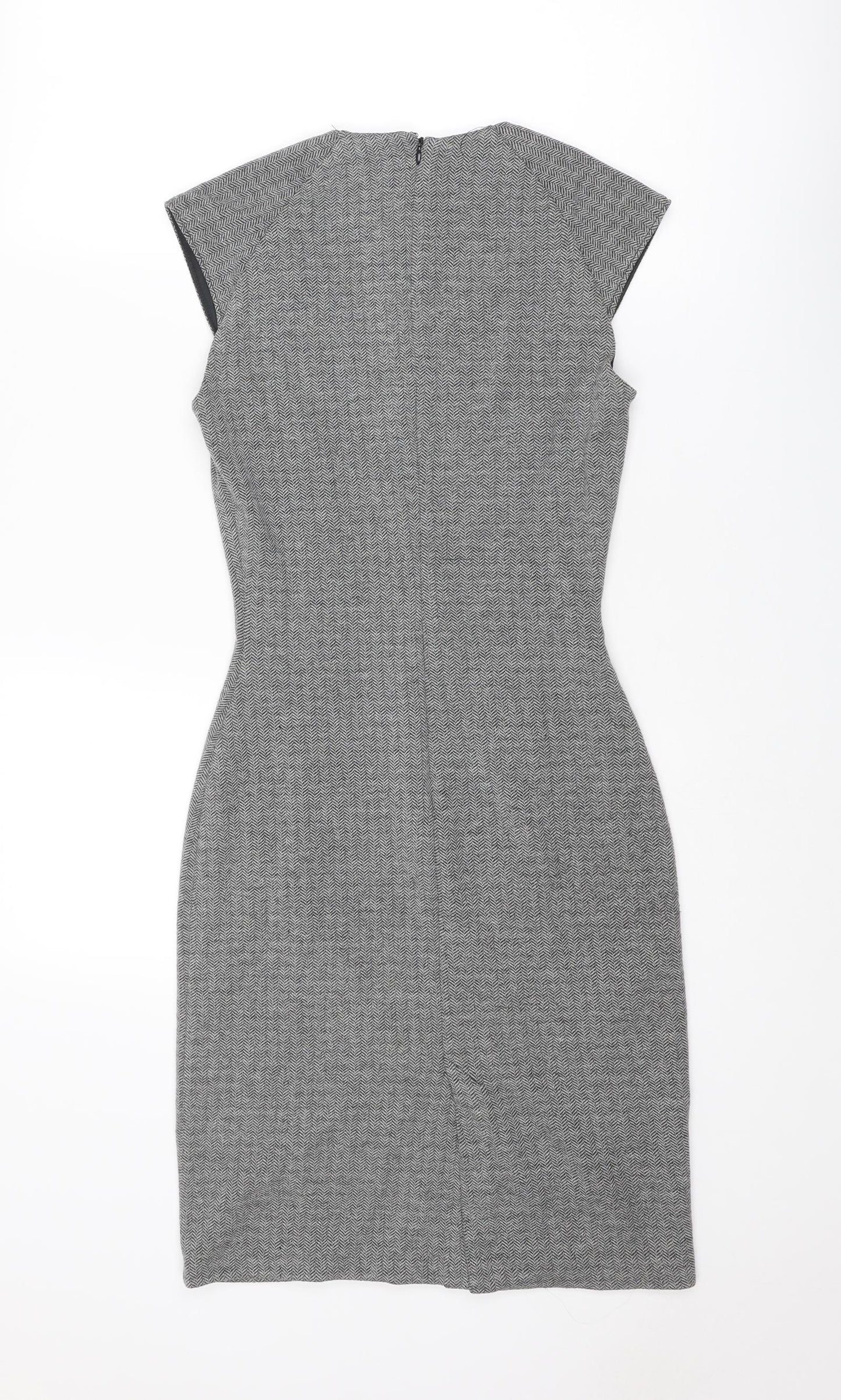 Mango Womens Grey Herringbone Polyester Pencil Dress Size M V-Neck Zip - Cap Sleeve