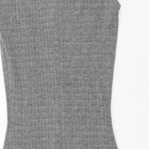 Mango Womens Grey Herringbone Polyester Pencil Dress Size M V-Neck Zip - Cap Sleeve