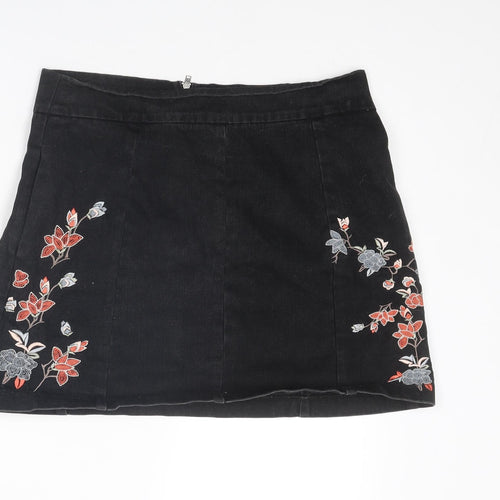 Topshop Womens Black Floral Cotton Mini Skirt Size 14 Zip