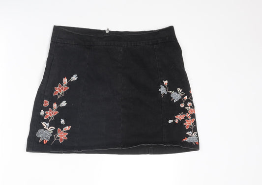 Topshop Womens Black Floral Cotton Mini Skirt Size 14 Zip