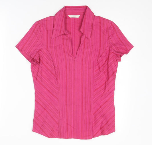 Marks and Spencer Womens Pink Striped Cotton Basic Blouse Size 10 Collared