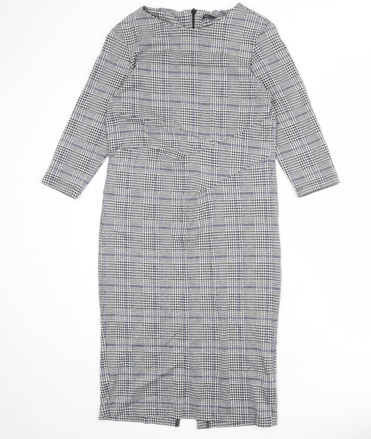 Marks and Spencer Womens Grey Plaid Polyester Shift Size 12 Round Neck Zip