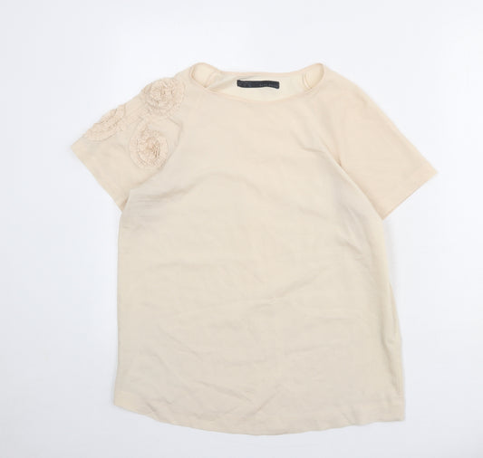 Zara Womens Beige Polyester Basic T-Shirt Size M Round Neck - Flower Details