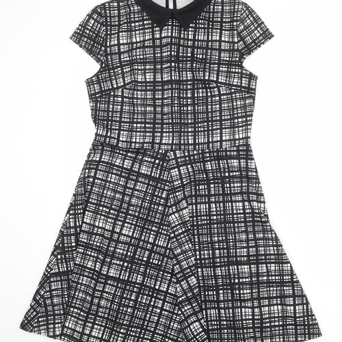 Dorothy Perkins Womens Black Geometric Polyester Skater Dress Size 10 Collared Button